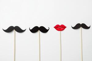 Playful Photo Booth Props with Black Mustaches and Red Lips on Sticks Against a White Background