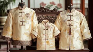 Traditional Chinese Silk Robes Displayed on Mannequins in Elegant Interior Setting photo