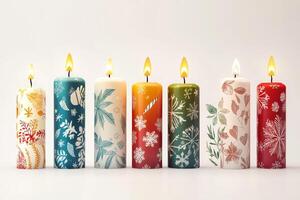 Colorful Decorative Candles with Festive Patterns and Flames photo
