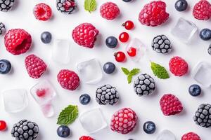 Fresh berries and ice cubes arranged in a refreshing pattern on a white background. photo