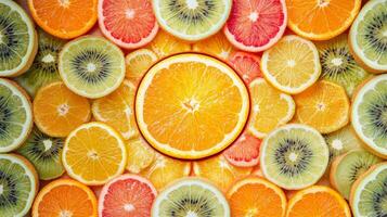 A close up of a variety of oranges and kiwis photo