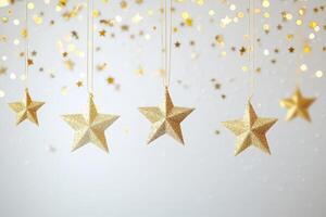 Sparkling Gold Star Ornaments Hanging Against a Festive Background photo