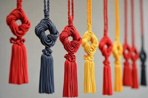 A row of colorful tassels hang from the ceiling, creating a vibrant photo