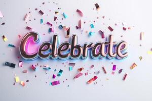 Colorful 3D Celebrate Text with Confetti on White Background for Festive and Joyful Occasions photo