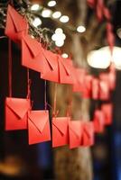 A red string of paper envelopes hanging from a tree photo