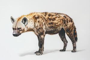 A hyena is standing in front of a white background photo