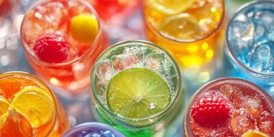 A row of colorful drinks with raspberries and limes photo