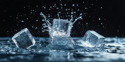 Three ice cubes are falling into a body of water, creating a splash photo