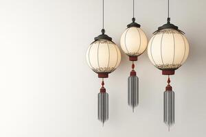 Elegant Traditional Chinese Lanterns Hanging Against Minimalist White Background with Soft Lighting photo