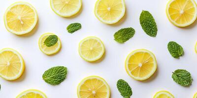 A close up of a bunch of lemons and mint leaves photo