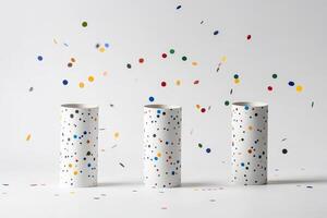 Colorful Confetti Falling Around Three White Cylinders with Polka Dot Patterns photo