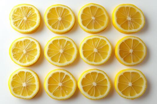A close up of a dozen slices of lemon photo