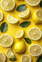 A close up of a yellow lemon with a green leaf on top photo