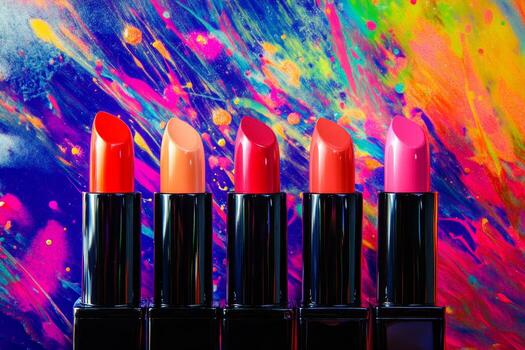 A row of five lipsticks with different colors and shades photo