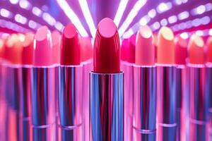 A row of lipsticks are displayed in a store window photo