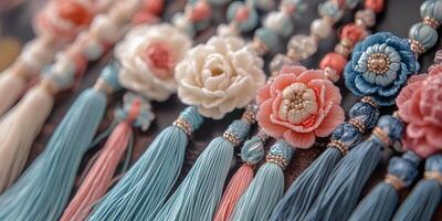 A row of colorful flower tassels are displayed on a table photo