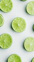 A close up of several lime slices on a white background photo