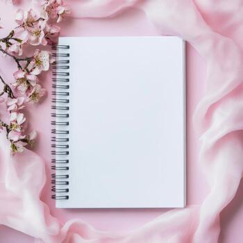 A white spiral notebook sits on a pink background photo
