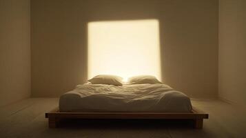 Minimalist Bedroom with Sunlight Casting Geometric Shadows photo