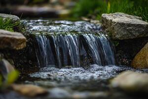 A small stream of water flows over a rock photo