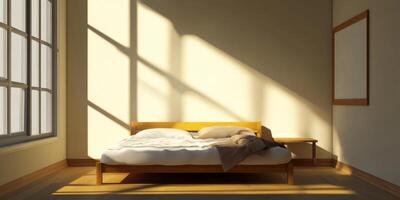 Cozy Minimalist Bedroom with Sunlight Streaming Through Large Windows photo