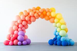 Colorful Balloon Arch in Rainbow Spectrum Against Minimalist White Background photo
