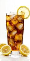 Refreshing iced tea with lemon slices on a plain white background. photo
