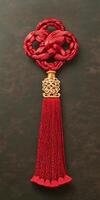 Elegant Red Chinese Knot Tassel on Dark Background Symbolizing Good Luck photo