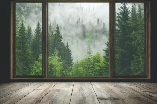 Scenic View of Misty Forest Through Large Wooden Window in Rustic Cabin photo