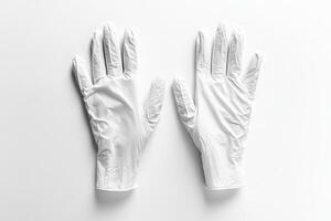 Pair of White Disposable Latex Gloves on a Clean White Background for Medical and Hygiene Use photo