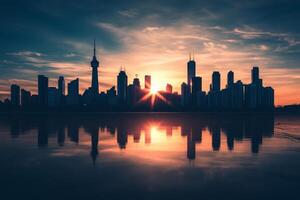 Stunning Urban Skyline at Sunset with Reflective Water and Dramatic Clouds in a Modern Cityscape photo