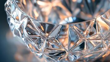 Close-Up of Intricate Crystal Glassware with Geometric Patterns and Warm Reflections in Soft Focus photo