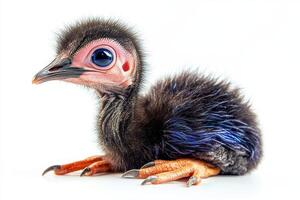 Close-up of Adorable Baby Emu with Fluffy Feathers and Bright Eyes on a White Background photo