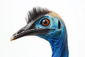 Close-Up Portrait of a Vibrant Blue Cassowary with Striking Features Against a White Background photo