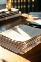 A stack of papers on a desk with a pen on top photo