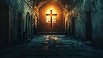 Atmospheric Abandoned Church Interior with Illuminated Cross photo
