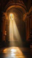 Sunlight Streaming Through Stained Glass Window in Historic Cathedral Interior photo