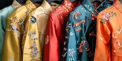 Traditional Chinese Silk Robes with Intricate Embroidery Displayed on Hangers in Vibrant Colors photo
