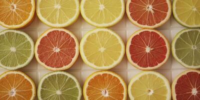 A row of oranges and grapefruits are sliced and arranged in a pattern photo