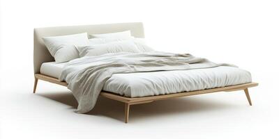 Minimalist Modern Bed with Wooden Frame and Cozy Bedding in Neutral Tones on White Background photo
