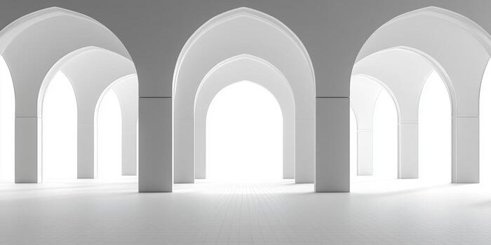A large, empty room with white arches photo