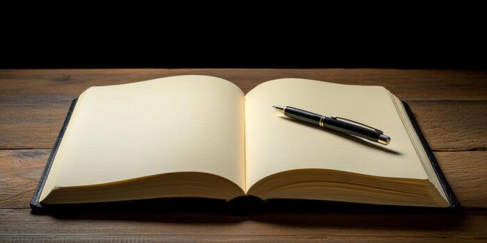Open Blank Notebook with Pen on Wooden Desk Illuminated by Soft Light in a Cozy Study Environment photo