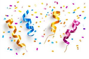 A bunch of colorful streamers are scattered on a white background photo