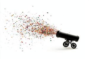 Colorful Confetti Explosion from a Black Cannon on White Background photo