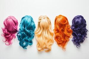 Vibrant Collection of Colorful Wigs Displayed on White Background photo