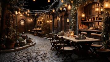 A dark alleyway with a restaurant in the middle photo