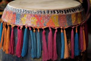 Vibrant Traditional Drum with Colorful Tassels and Intricate Patterns in Close-Up View photo
