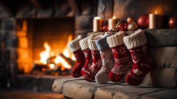 A row of red and white Christmas stockings are lined up next to a fireplace photo