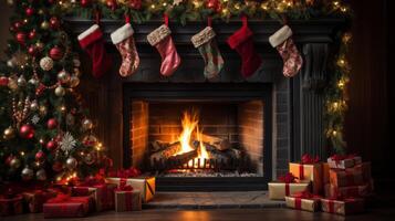 A fireplace with a Christmas tree and stockings hanging above it photo