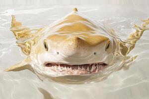 A shark is swimming in the water with its mouth open photo